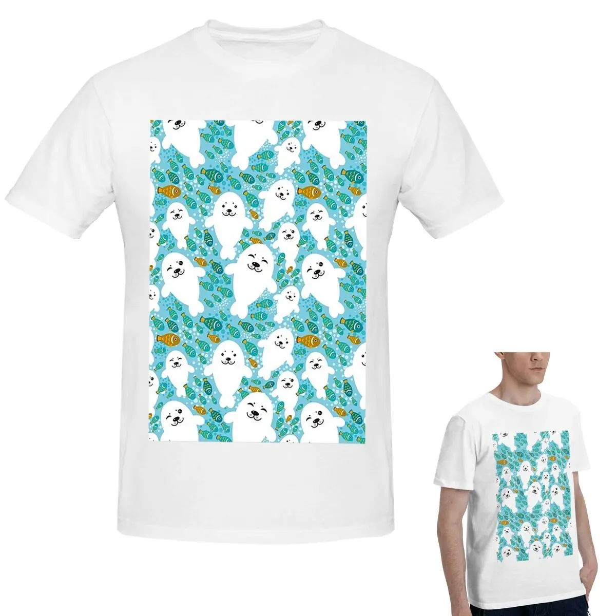 

100% Cotton Kawaii Cute Seal And Fish In Water T-Shirt Men's Funny Oversized T Shirt Men Crew Neck Summer Shirts Tops S-6XL
