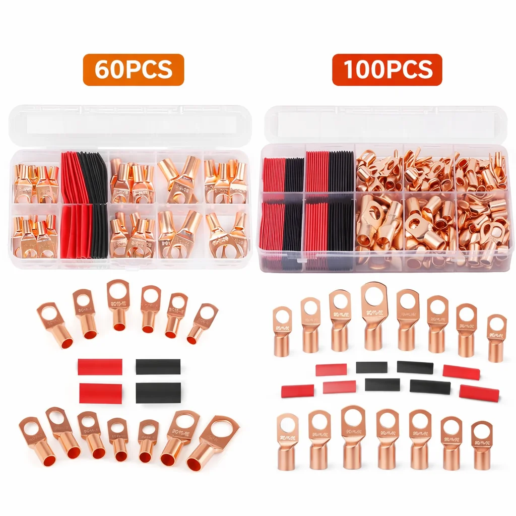 100/60PCS Copper Ring Terminal Lug Kit with Heat Shrink Tubing, AWG 4-12 Electrical Battery Connectors