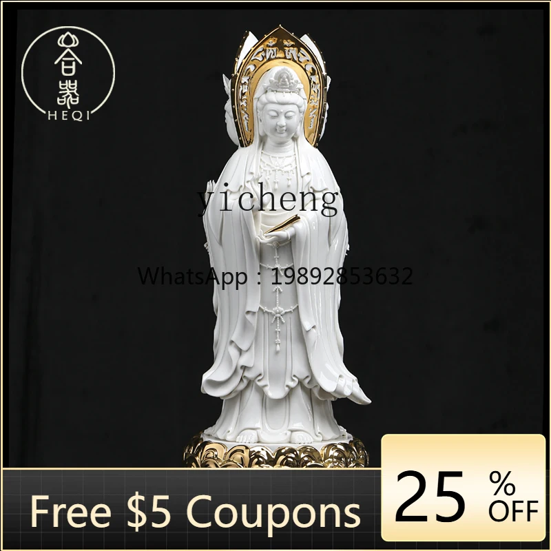 L3-11  Ceramic Nanhai Three-Faced Guanyin Statue Buddha Statue Worship Ornament White Porcelain