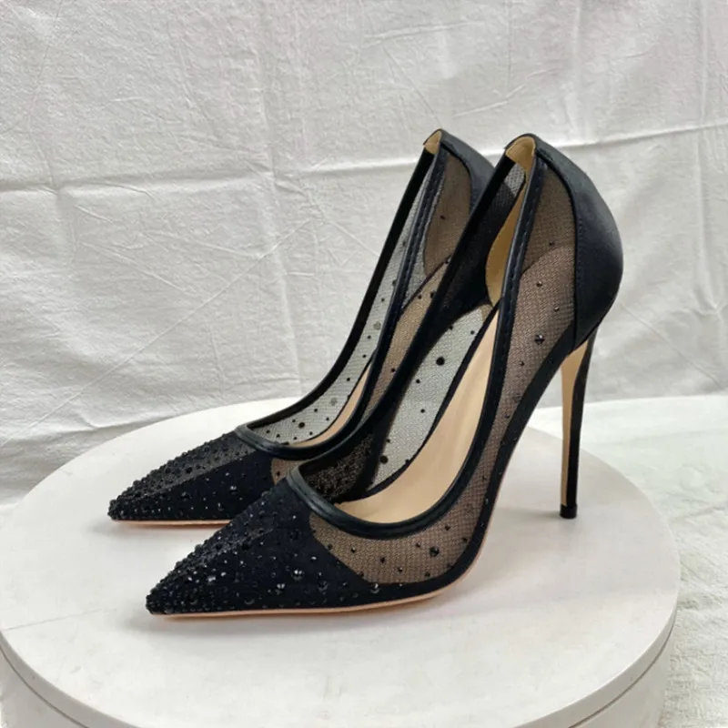 Keshangjia Rhinestones Women Patchwork Black Satin Gauze Pointy Toe High Heel Party Sho0es Elegant Stiletto Pumps33-45 Yards