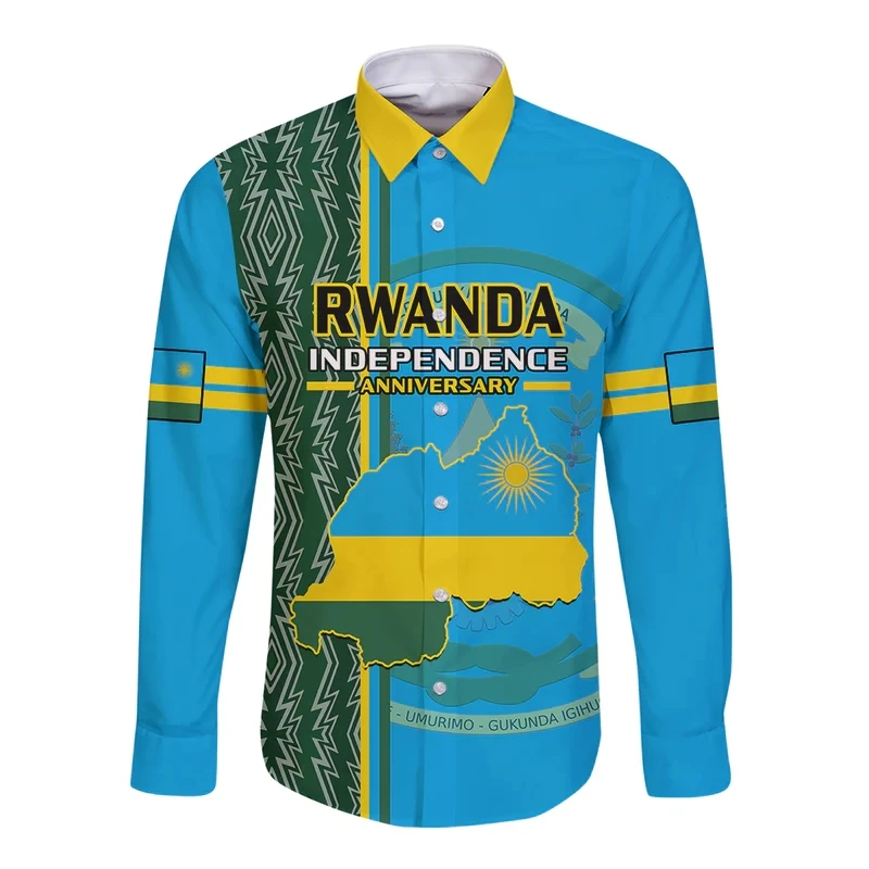 

Africa Country Rwanda 3D Printed Long Sleeve Shirts For Men Clothes Flag Map Shirt National Emblem Lapel Blouse Male Button Tops