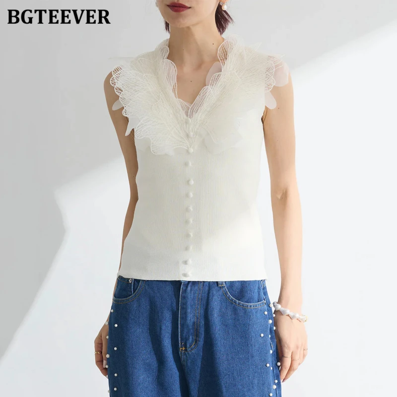 BGTEEVER Stijlvolle V-hals Single-breasted Vrouwelijke Gebreide Vesten Zomer Ruches Vrouwen Tank Tops Dames Hemdje