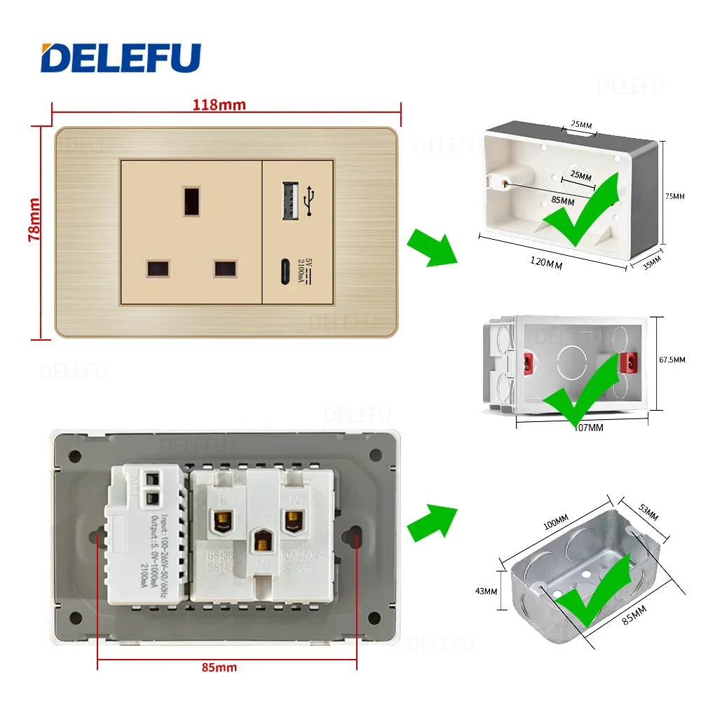 DELEFU Stainless Steel Gold Panel Series UK Switch Socket USB Type C Wall Power Socket