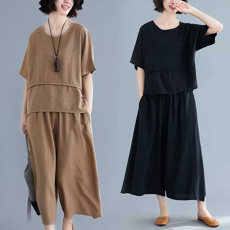 

Retro Cotton Linen Set Women's Loose Casual Elastic Waist Wide Leg Pants Two Piece Slimming Faionable Summer New Arrival