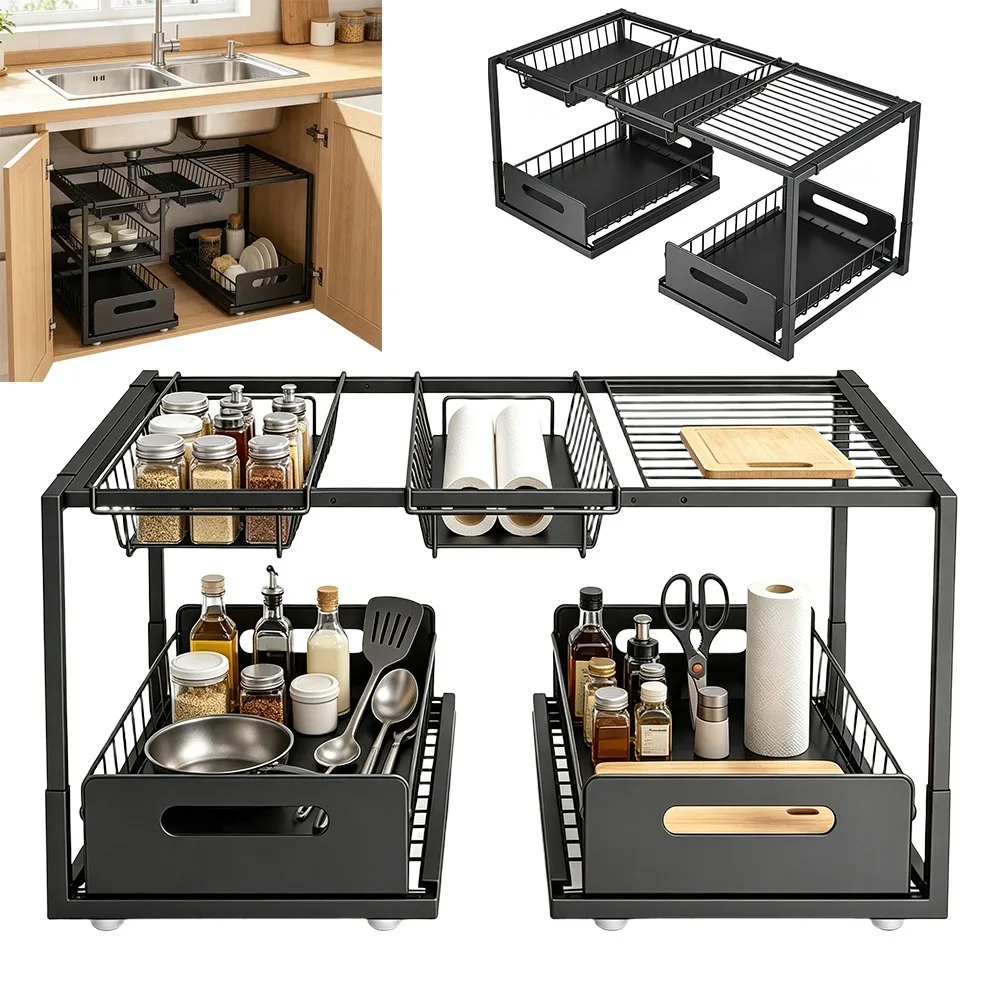 Regal zur Aufbewahrung unter der Spüle, Metallkonstruktion mit 2 Schubladen, 2 Körben, 1 Gitterplatte, verstellbare Länge 65–73 cm, zweilagiger Organizer für Küche, Badezimmer, Waschküche, zur