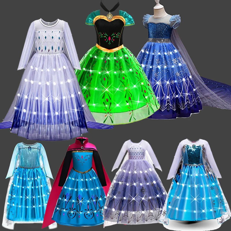 

Frozen Elsa Princess Dresses With LED Light Girls Sequin Dresses Kids Role Play Snow Queen Costumes Birthday Party Gowns 10T