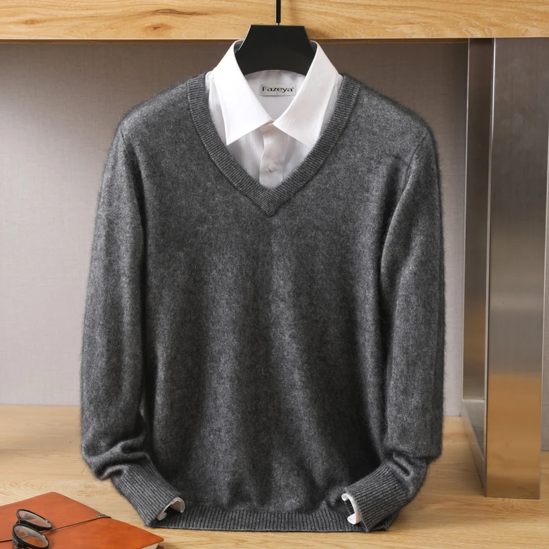 2023 Men's 100% Pure Mink Sweater V-Neck Pullover Cashmere Knitted Sweater Autumn And Winter New High-End Long-Sleeved Mink Top