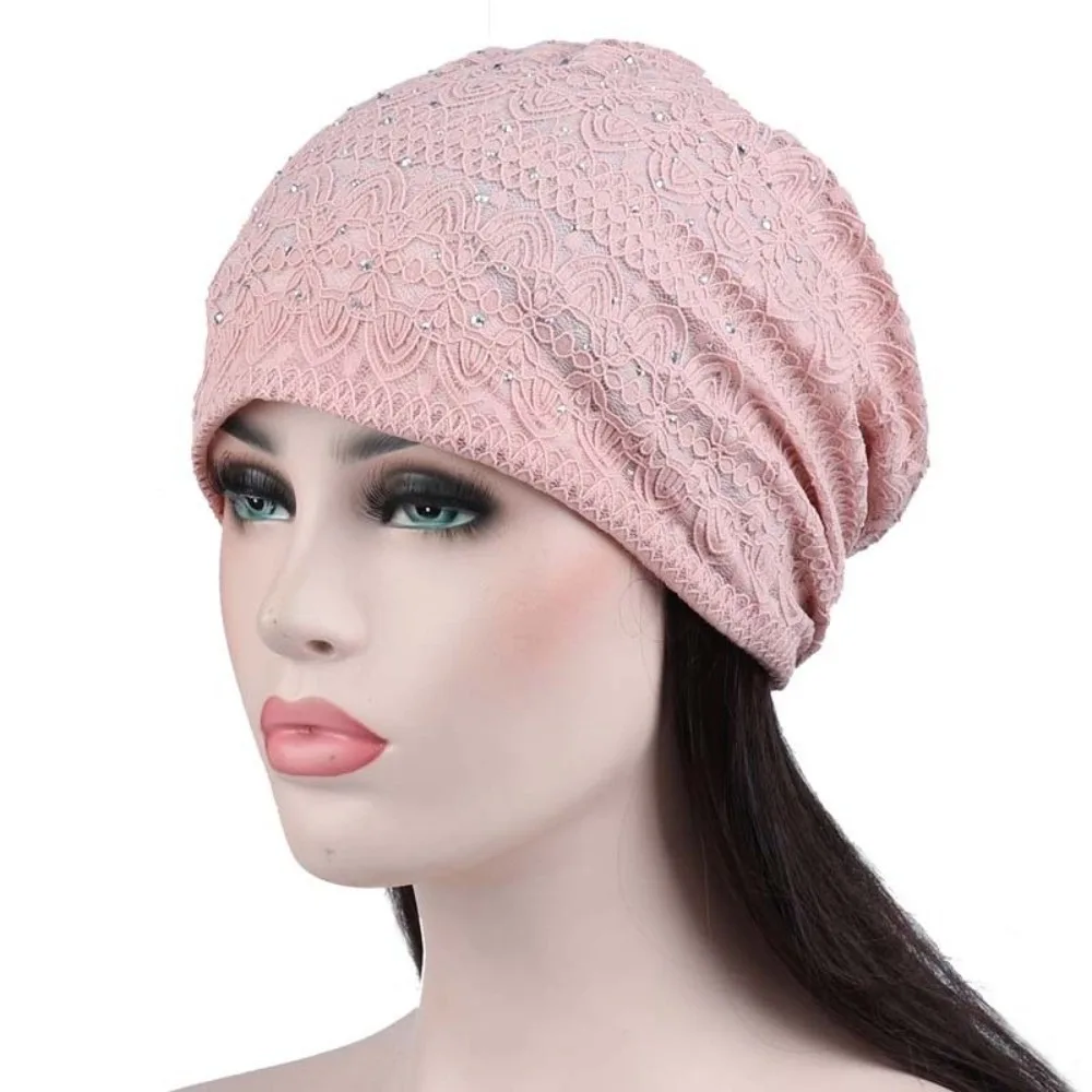 

Pullover Hat Soft Lace Beanie Hats Ethnic Style Rhinestones Warm Bonnet Caps Windproof Breathable Hijab Turban Cap Outdoor