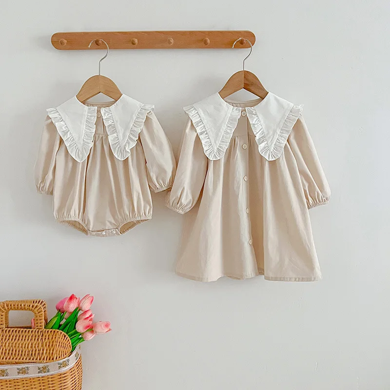 

Girls' Princess Dress with Large Collar Long Sleeve Baby Girl Romper Triangle Climbing Suit Sister Outfit