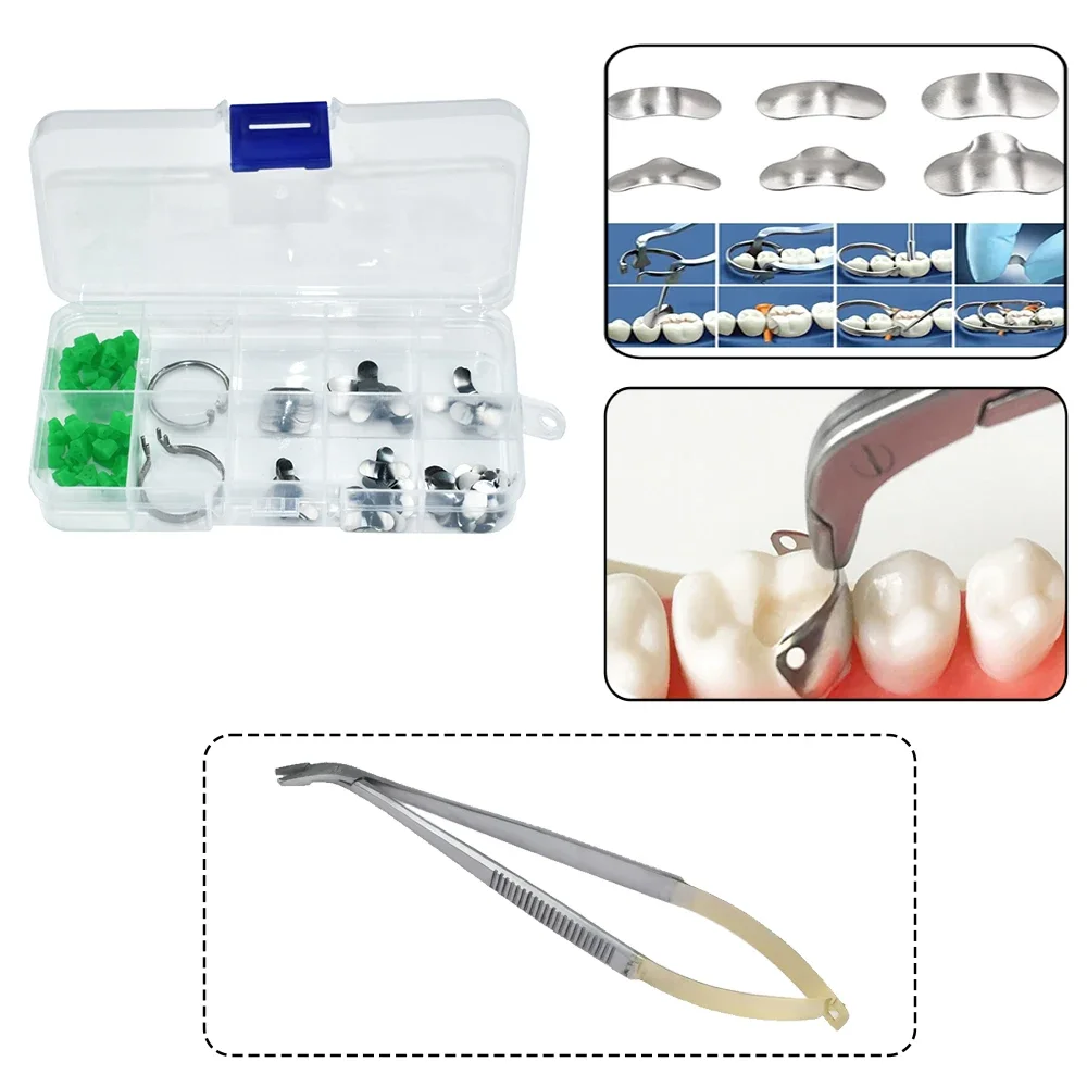 

Dental Fillings Kit with Matrix Holder Clamp Sectional Contoured Metal Matrices Bands and Placement Tweezers