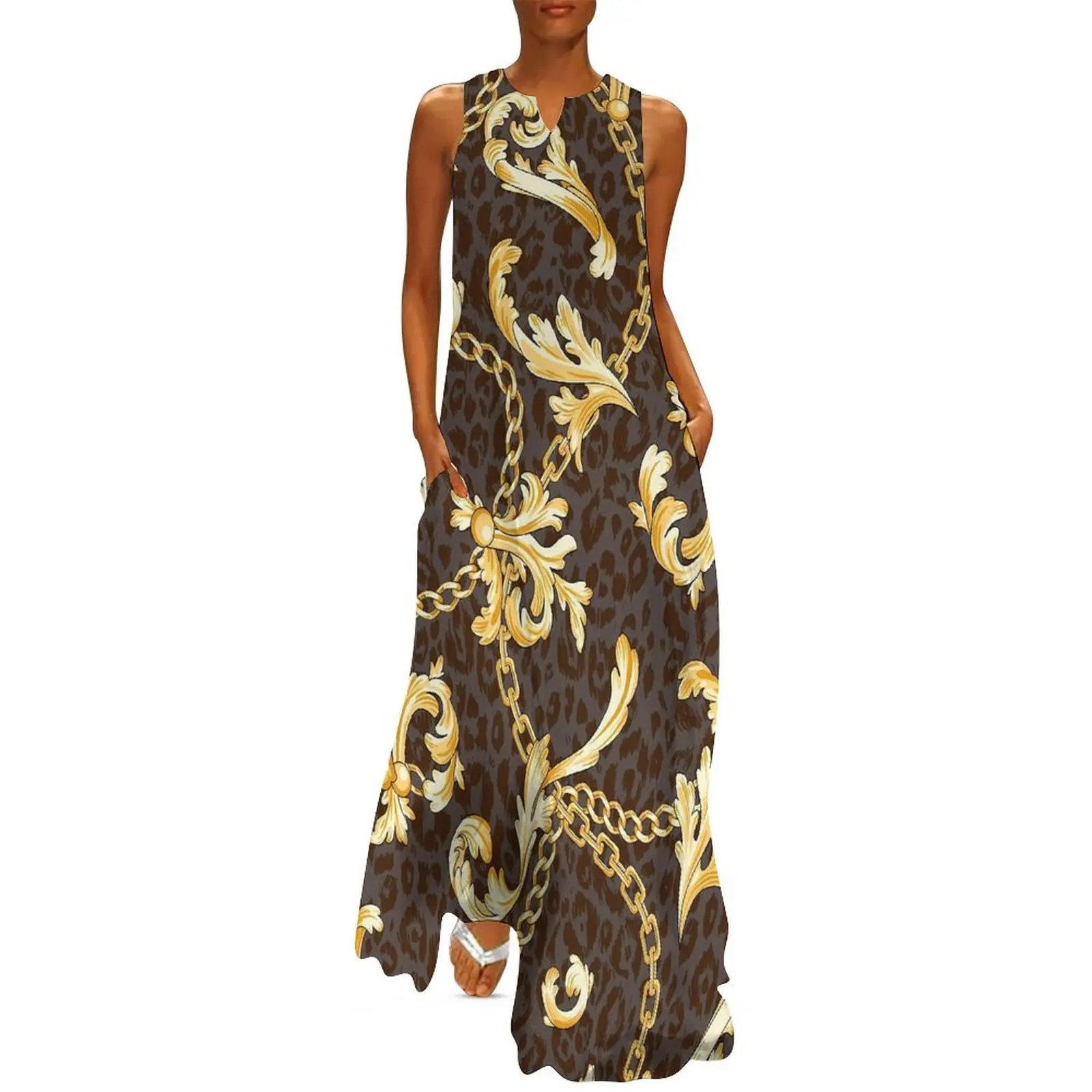 Gold Chains Dress Baroque Style Elegant Maxi Dress Sleeveless Custom Casual Long Dresses Streetwear Oversize Vestidos