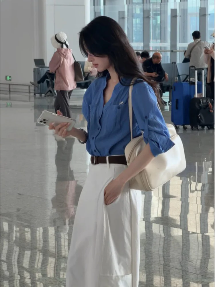 

Salt Series Klein Blue Women's Shirt V-neck Breathable Commute Style Long Sleeve Korean Version Polyester Fiber Top