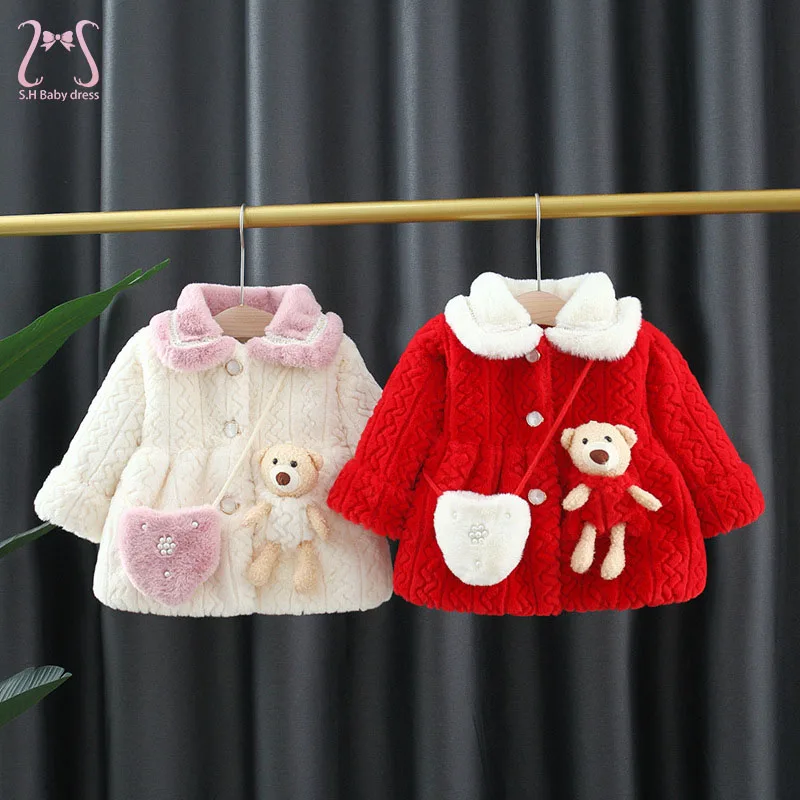 2pcs Winter Baby Girl Christmas Cotton Coat Thickened Children's Wool Sweater Jacket Lapel Overalls Toddler Kids Costume + Bag