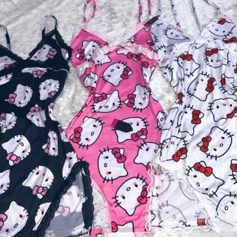 Hello Kitty Home Dress Sexy Underwear Lace Tulle Hollow Suspender Nightdress Women Dresses Elegant Stylish Women's Pajamas