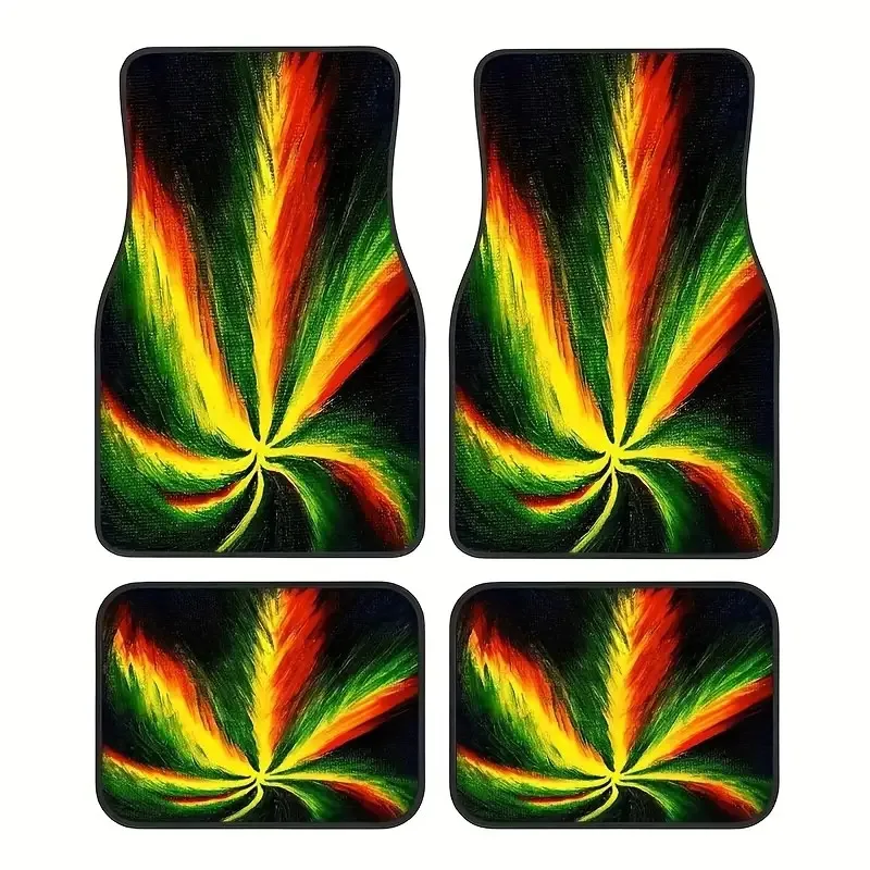 Set Of 4, Car Floor Mats In Reggae Rasta Colors, Easy To Clean Carpet Additions, Fits Front And Rear Seats Of Vehicles