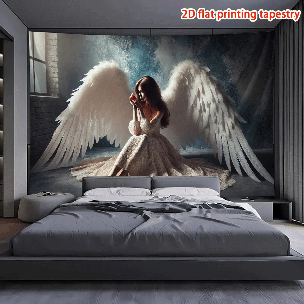 Angel Wings Tapestry Gothic Fantasy Wall Art Dark Angel Girl Hanging Mystical Room Decor Aesthetic Poster for Bedroom LivingRoom