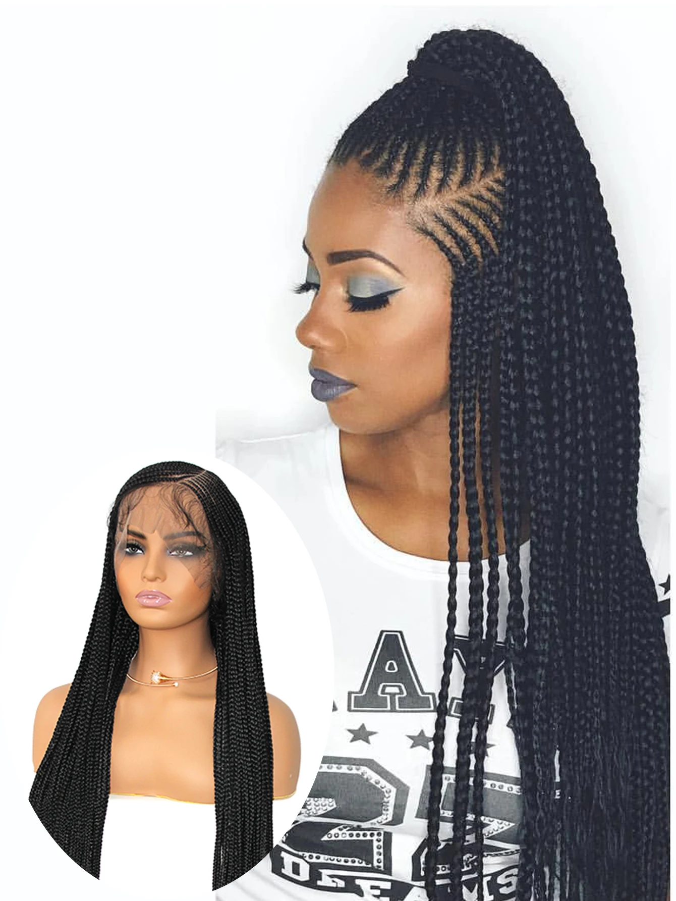 36 Inch Synthetic Cornrow Box Braided Wigs Side Part Full Lace Braid Wig For Black Women Knotless Box Braids Wigs