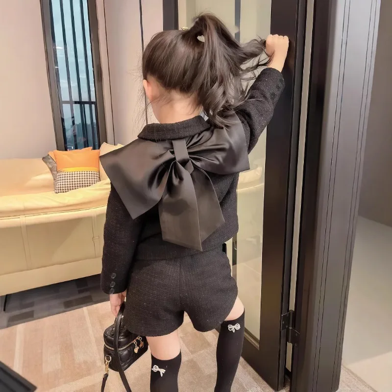 

Girls Set 2025 Autumn Spring Trendy Fashion Elegant Sweet Cute Long Sleeve Solid Color Bow Coat Shorts Two Piece Set