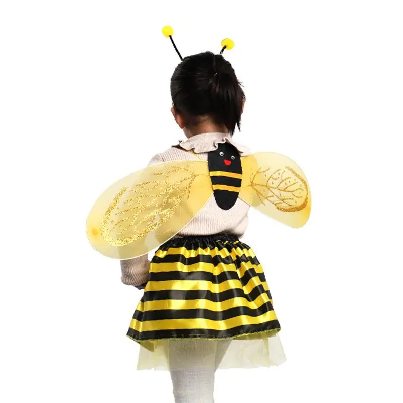 4Pcs/Set Kid Fairy Costume Set Ladybird Bee Glitter Cute Wing Striped Layered Tutu Skirt Wand Headband Dress Up Halloween Outfit