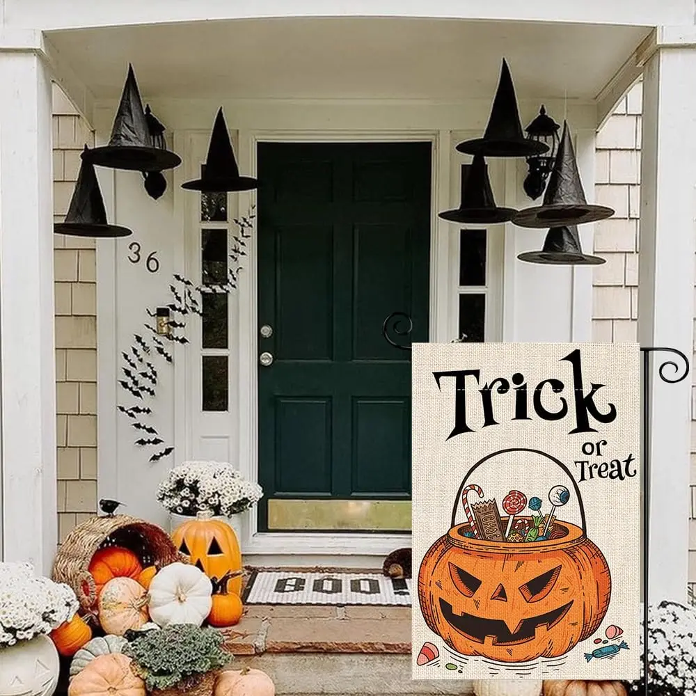 Halloween Trick or Treat Small Garden Flag 12x18 Inch Double Sided, Best Choice Candies Funny Welcome Peeps Autumn Thanksgiving