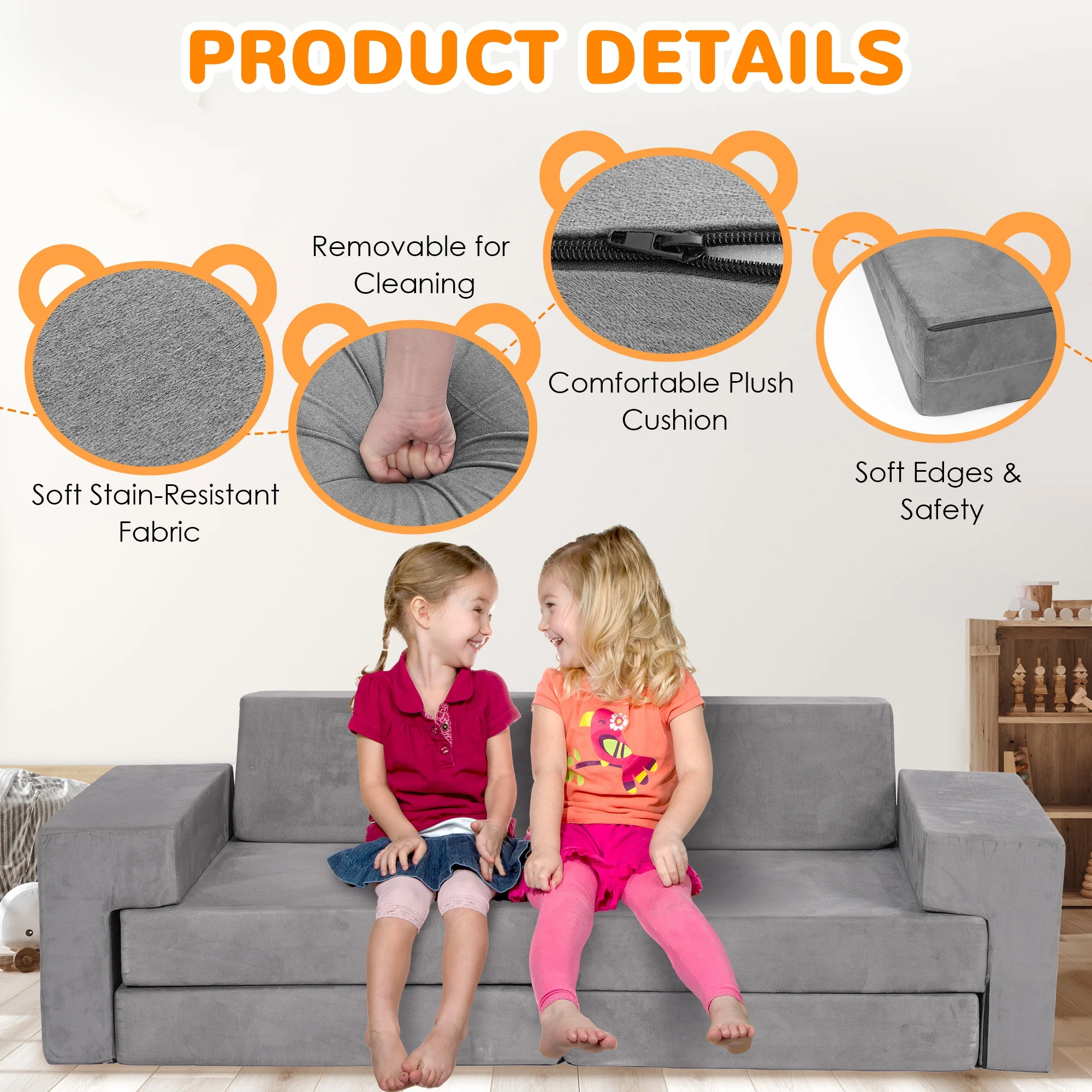 

3 Shapes 8Pcs Modular Kids Sofa Children Convertible Sofa Play Set Child Sectional Couch for Living Room