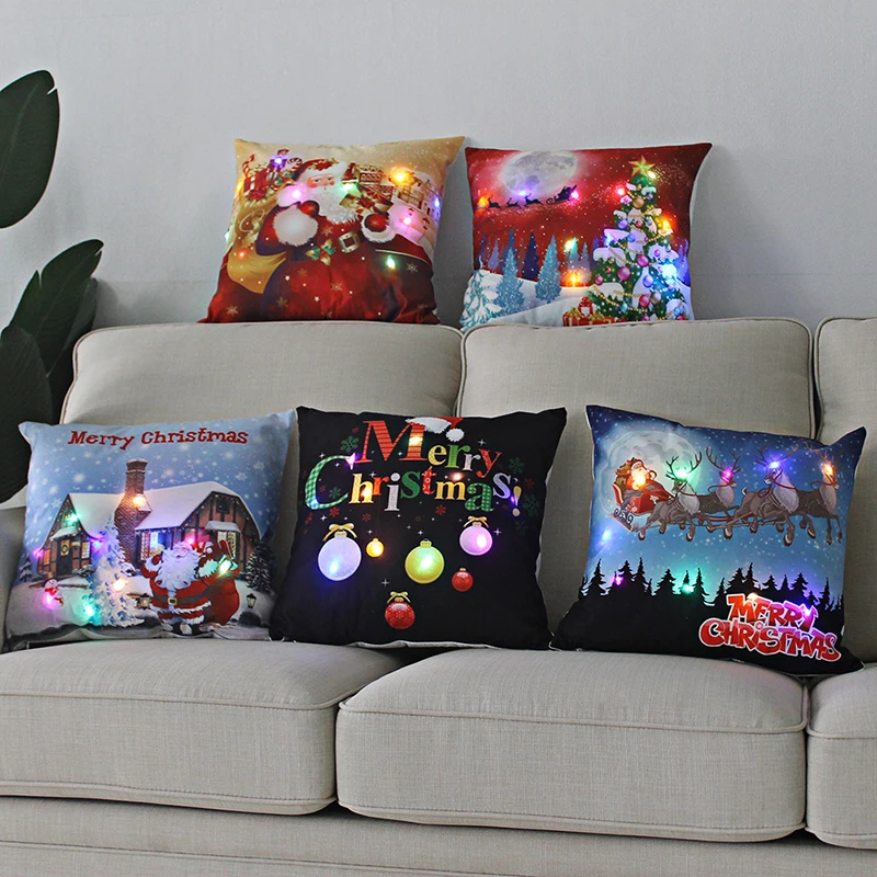 LED Christmas Cushion Cover Merry Santa Claus Light Pillow   Lighting Pillowcase Home Decoration New Year  Decor