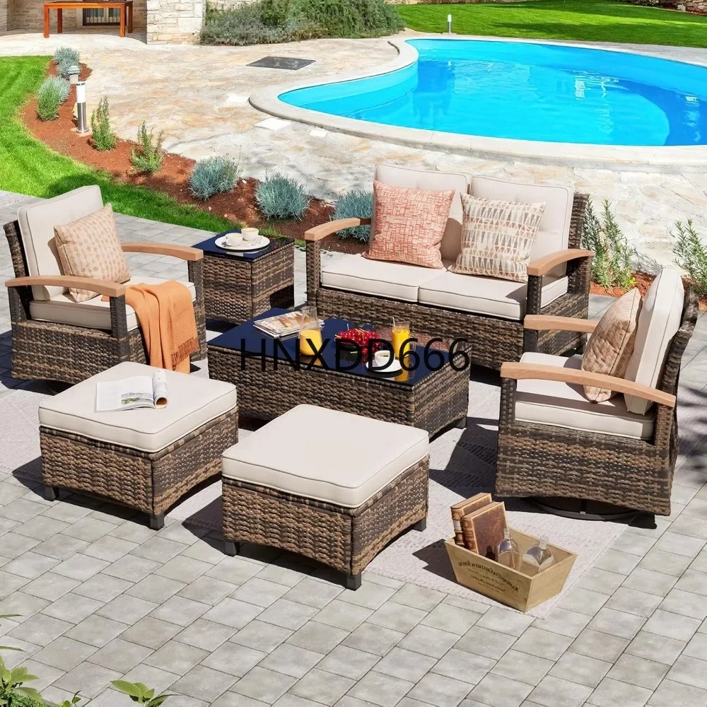 7 Pieces Patio Furniture Sets, with 2 Wood Armrests Swivel Rocker Chairs,  2 Ottoman,  2-seat Sofa and Coffee Table