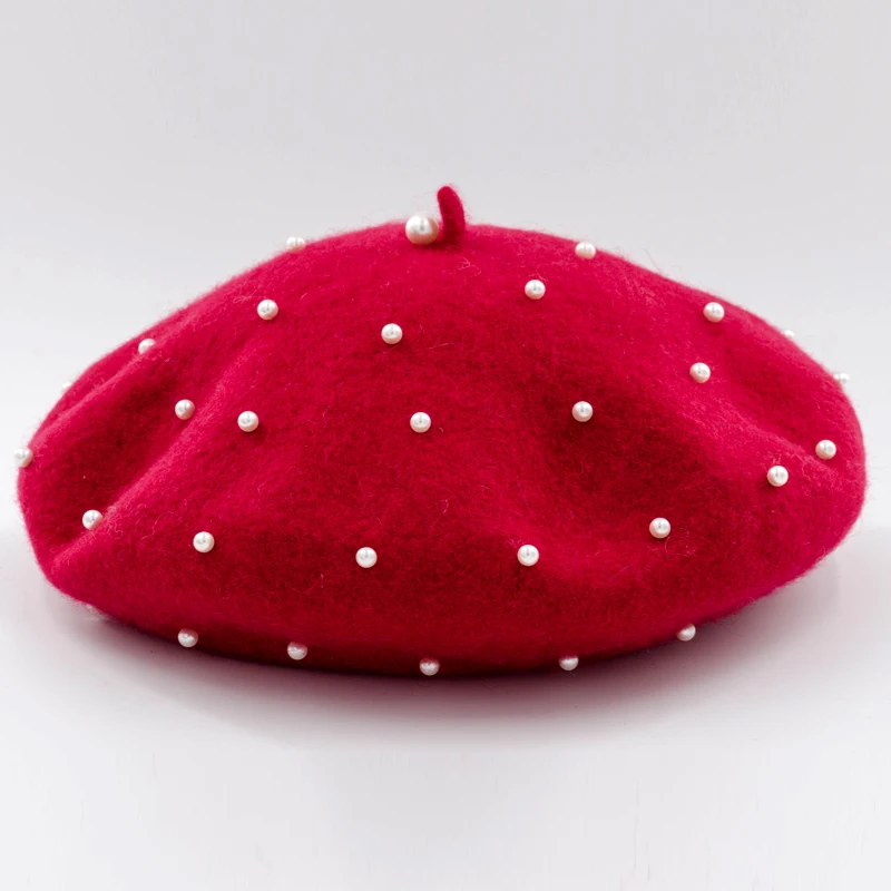 

Women Fashion Wool Beret With Man Made Pearls