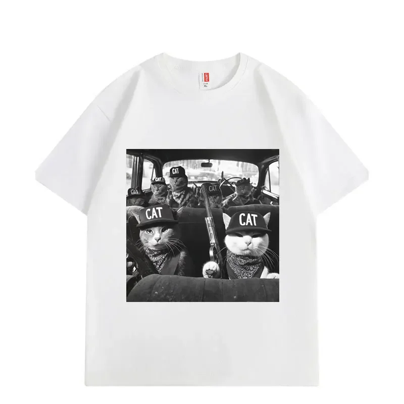 Funny Mobster Cat Meme Graphic T Shirts Men Women Vintage Short Sleeve T-shirts Summer Casual Loose 100% Cotton T-shirt