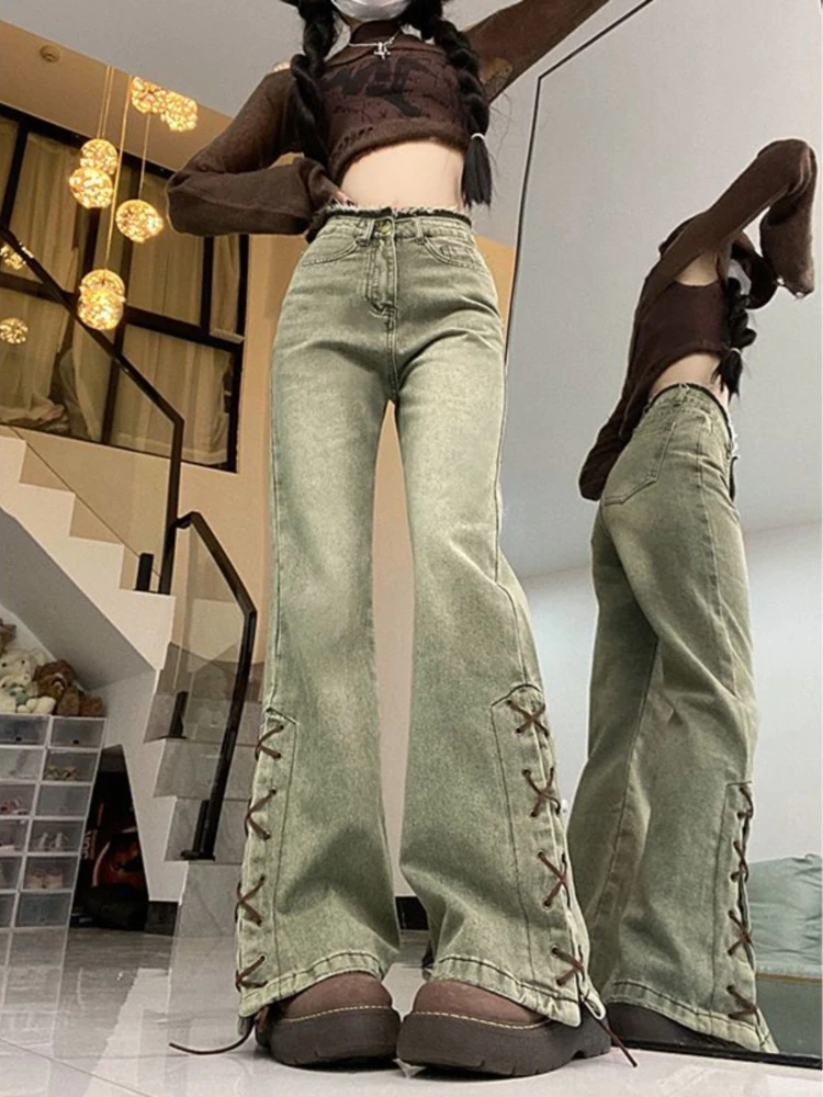 Harajuku Streetwear Y2K Retro Mode Vrouwen Hoge Taille Jeans Groen Ontwerp Wijde Pijpen Rechte Losse Denim Broek Y2K Baggy Broek