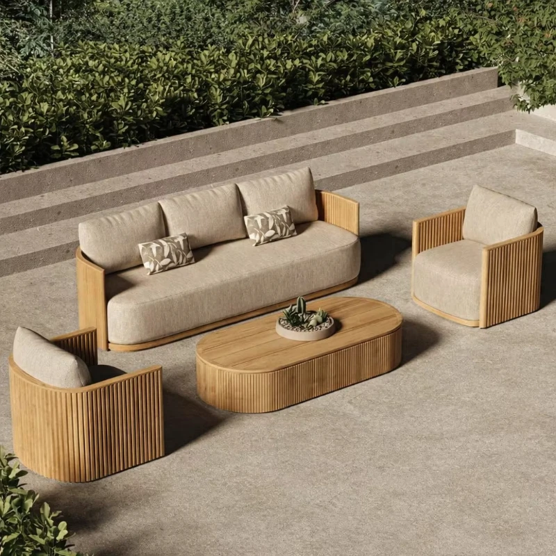 Luxury Garden Sofa Set Hotel Modern Outdoor Sofas L-shaped Wood Couch Sofa Teak Patio Furniture Waterproof Sunproof Garden Set