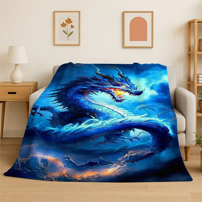 Dragon China Loong Cartoon Flannel Blanket Soft Throw Blanket for Bedroom Living Room Bed Travel Camping Picnic Nap Cover Gift