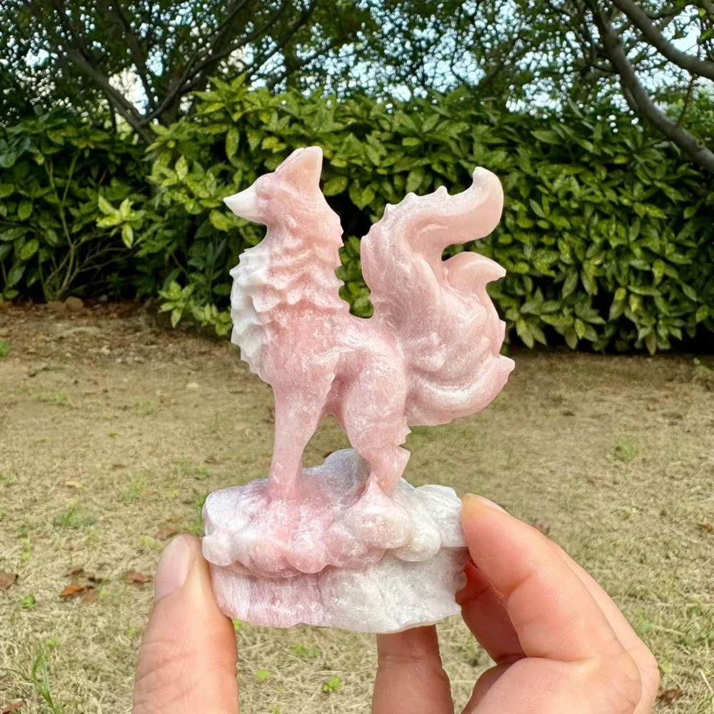 9cm Natural Quartz Pink Opal Nine-Tailed Fox Statue Crystal Animal Figurine Healing Stone Home Desktop Decor Lucky Gift