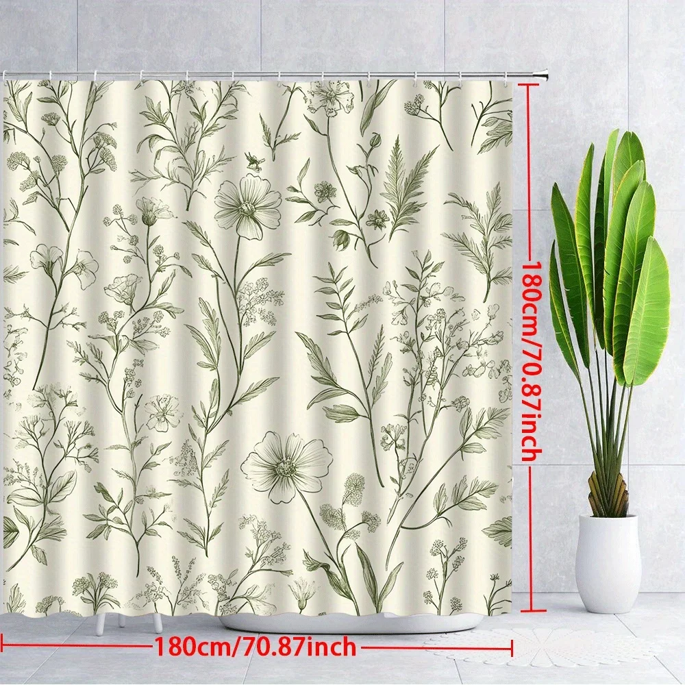 Vintage Botanical Shower Curtain – Soft Green & Cream Floral Sketch Print, 12 Hooks, Machine Washable, Spa-Like Bathroom Decor - view 3