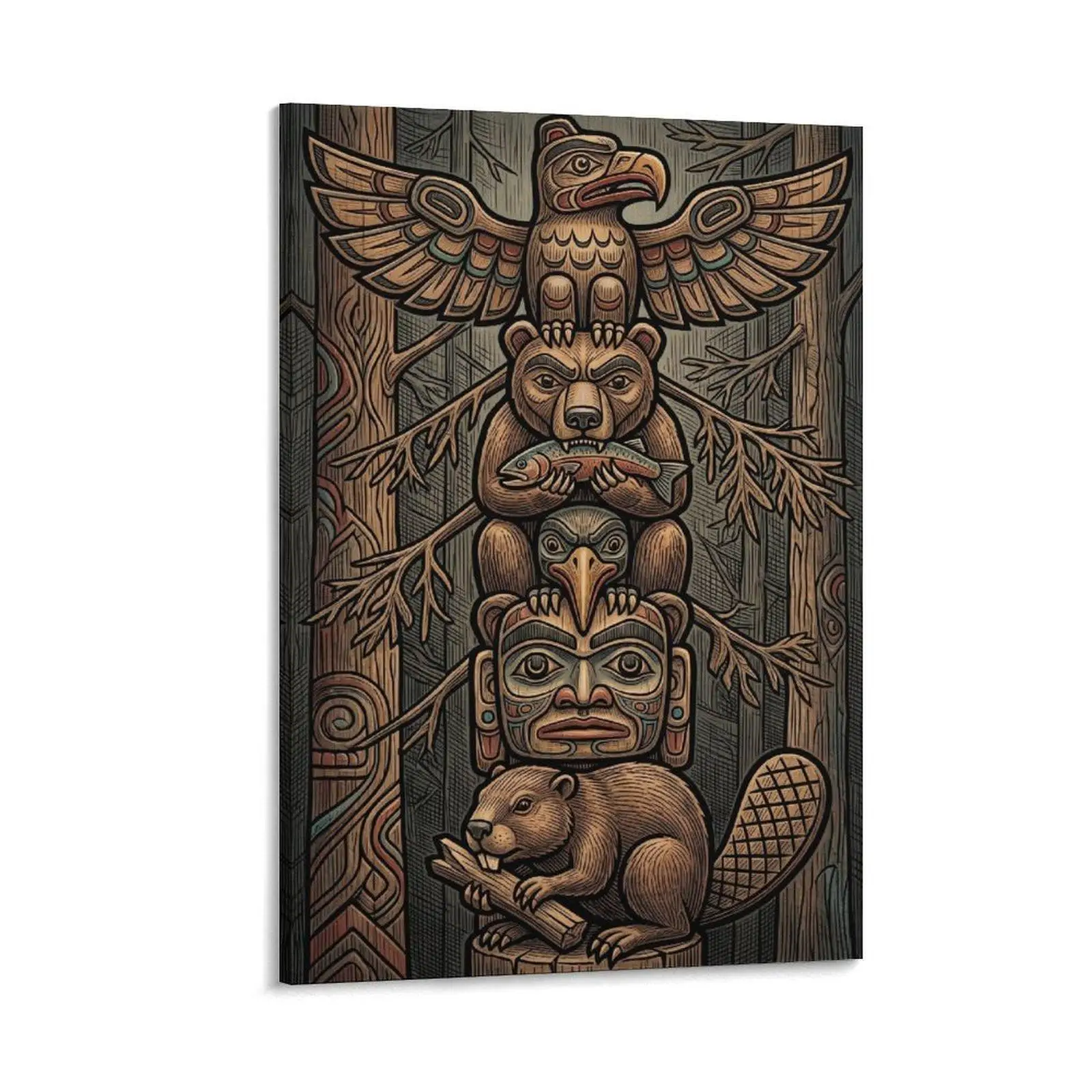 1 pieza de impresión en lienzo sin marco, arte de tótem tribal nativo americano (Águila, Oso, Castor, Pez), estilo grabado en madera, arte de pared marrón vintage, decoración del hogar para sala de estar, dormitorio, oficina, obra de arte impresa