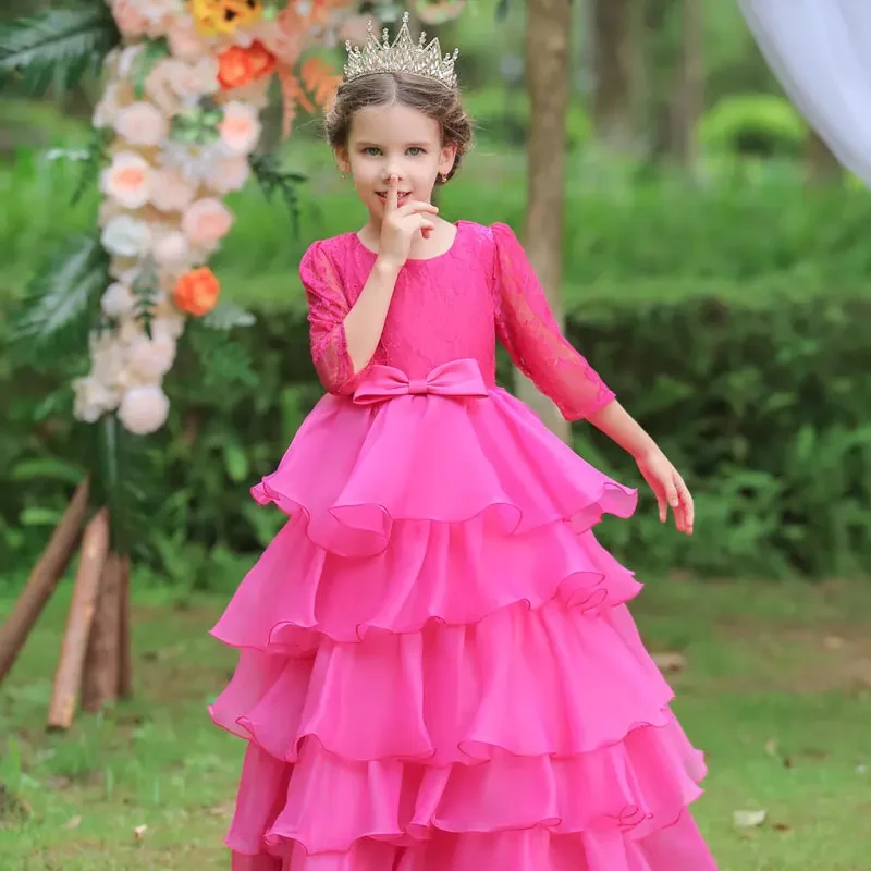 Fashion Bow Children Bridesmaid Dresses Lace Solid Color Short Sleeve Kids Dresses for Girls Summer Girls Party Dress 3-10 Years image 4