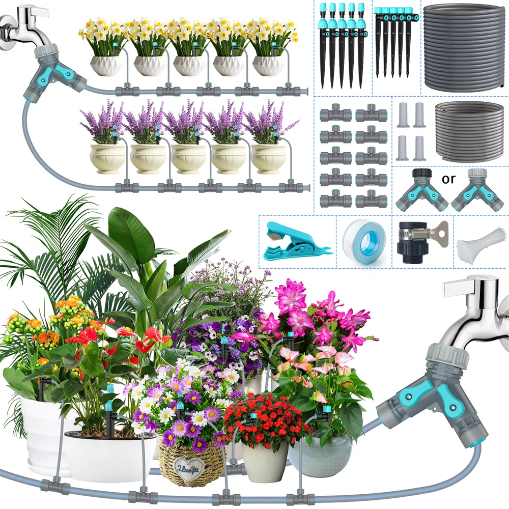 

DIY Irrigation System Kit Dual-zone Connect, 2 Types of Sprinkler Heads with 15&5m Hose Drip Irrigation System for Garden Lawn