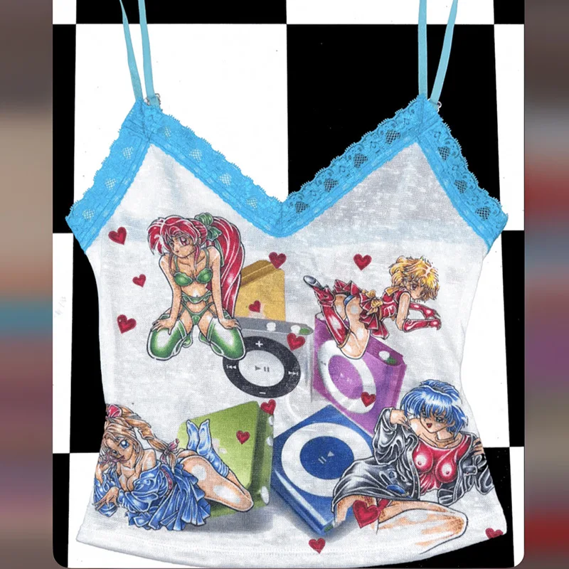 Y2K Retro Top Blaues Spitzen-Trägertop mit Anime-MP3-Print, Sexy und Unverwüstlich für Amerikanische und Europäische Frauen