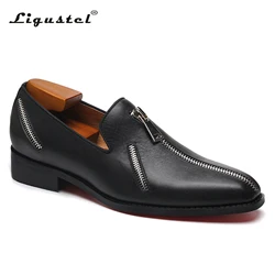 Ligustel-Sapatos de fundo vermelho artesanais originais masculinos, mocassins de couro preto, plus size, festa de casamento, moda