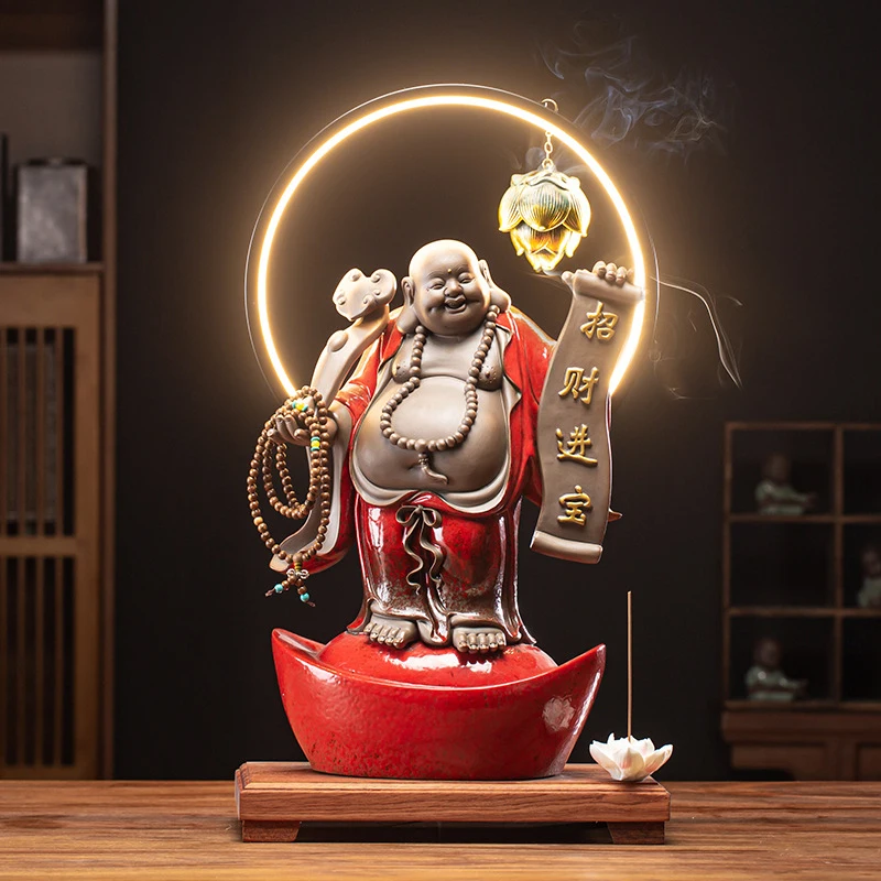 New Chinese-Style Ceramic Laughing Buddha Statue With Light Ring, Fortune-Bringing Decoration For Living Room, Entrance, Or Offi