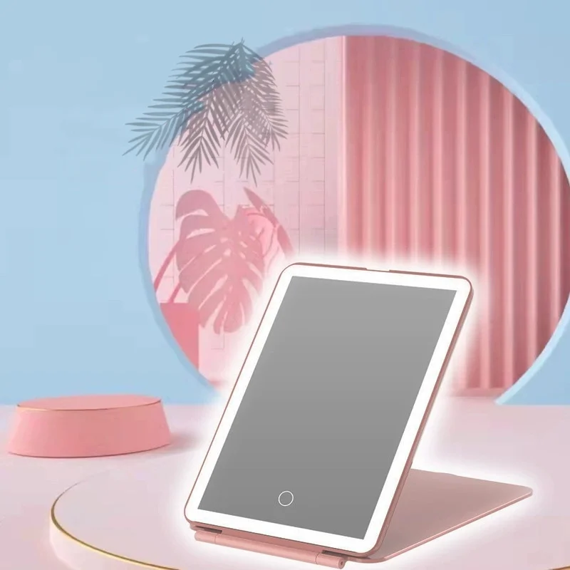 

Светодиодное дорожное зеркало для макияжа, складное трехцветное косметическое зеркало с зарядкой через USB, портативное настольное косметическое зеркало