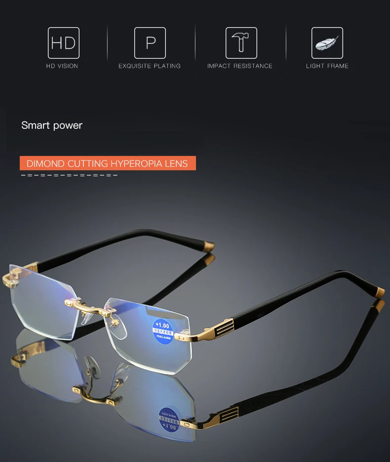 Männer Randlose Lesebrille Mode Trend Frauen Presbyopie Rezept Brillen Männlich Business HD Objektiv Brillen +1,0 Bis +4,0 – Detail 8