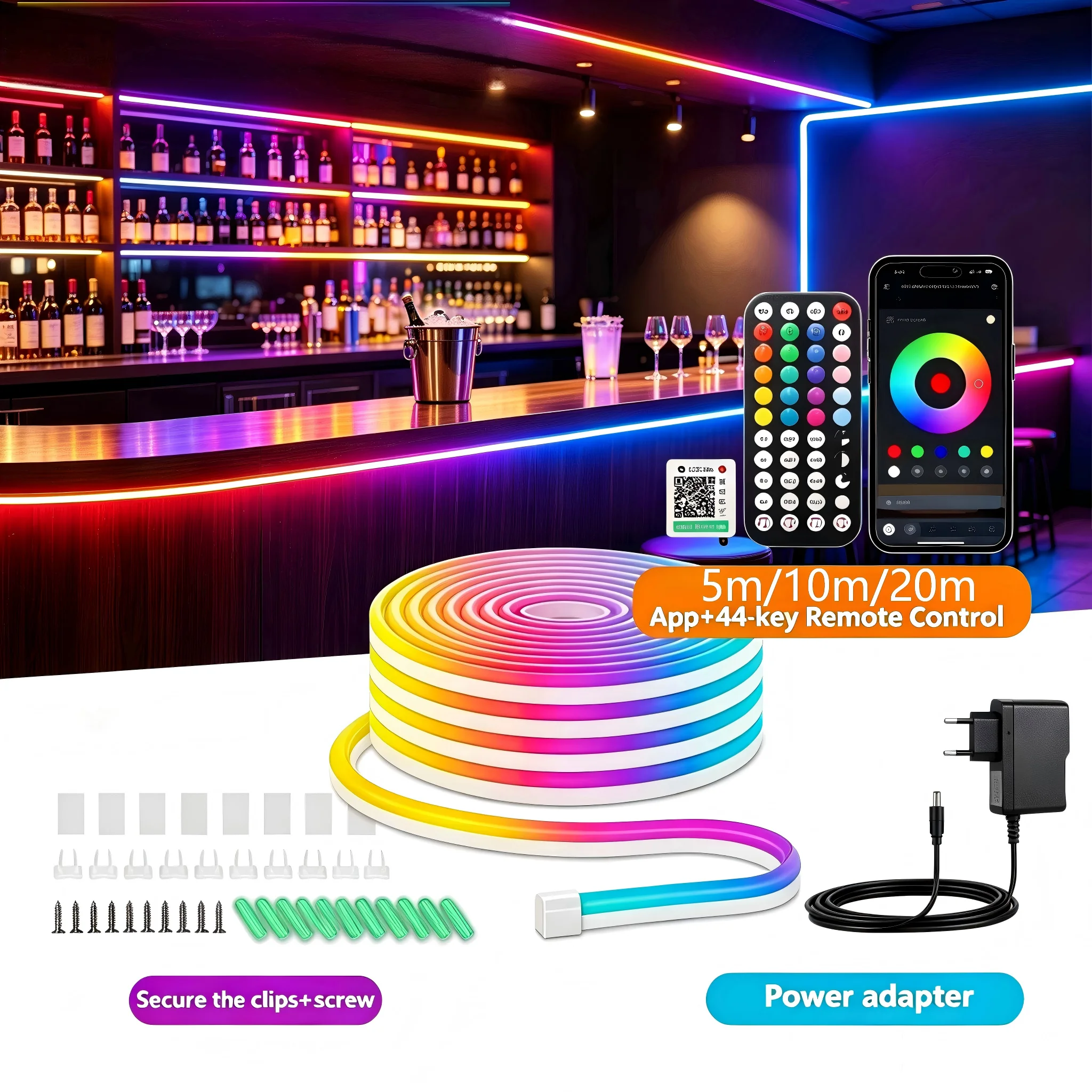 5M/10M/20M, 24V, Rgb Color-Changing Neon Led Light Strip, Eu Plug, Supports App and Remote Control, 44-Key Music Remote Control, Can Follow the Music Rhythm Via App, Flexible Rgb Light Strip Led Neon Light, Suitable for Sideboards, Bar Counters, Bedroom and Home Ceiling Decoration, Gaming Atmosphere, Tv and Computer Ambiance, Music Festivals, Parties, Stages, and Other Environments