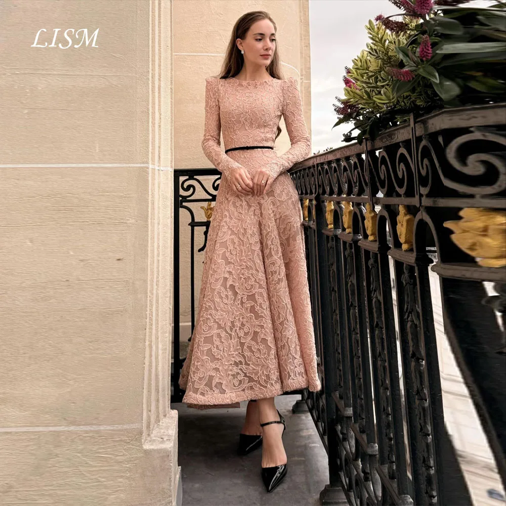 LISM O-Neck Pink Evening Dresses Princess Full Sleeves A-Line Silk Lace Customized Long Prom Gowns For Women Party Dresses