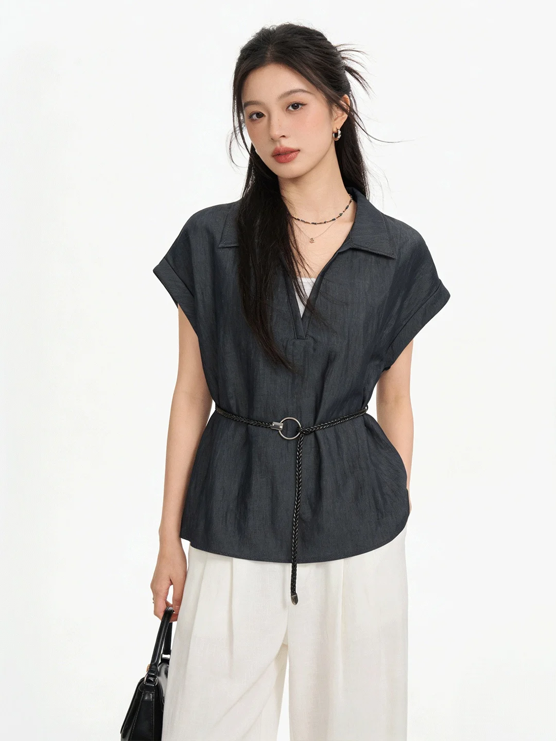 

Retro Hong Kong Sle Denim ort Sve V-Ne irt Casual Summer Top Fake Two-Piece Loose Fit Breathable Fem Clothing