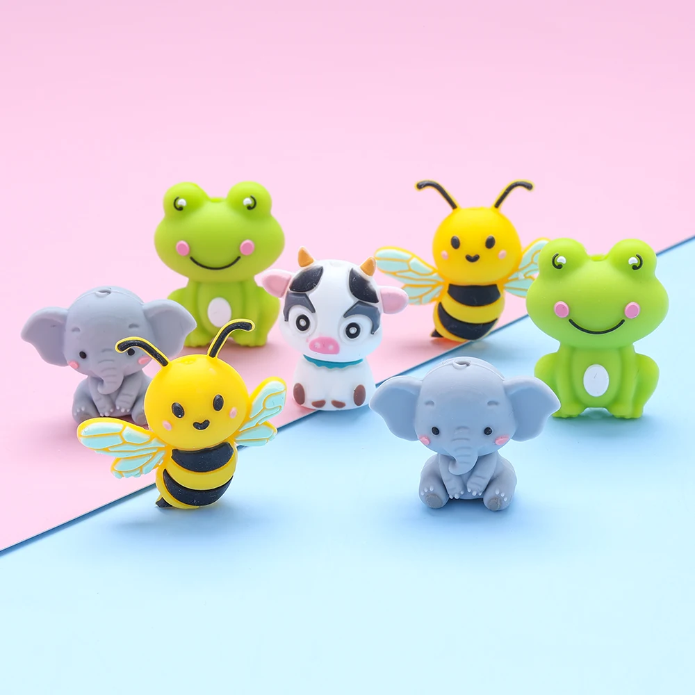 4Pcs 3D Animal Themed Silicone Beads Cow Elephant Frog Bee For DIY Baby Pacifier Chain Accessories Jewelry Making Accessories image 3