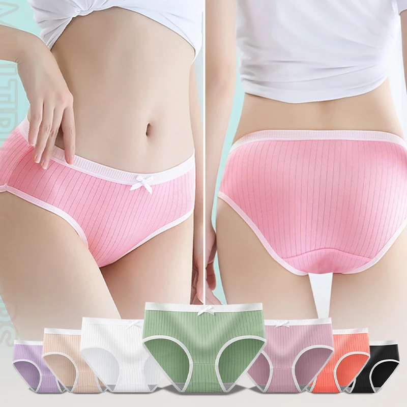 1pcs Girl Sexy Solid Color Underwear Student Cute Mid-Rise Waist Briefs Breathable Soft Female Lingerie Bow Decoration