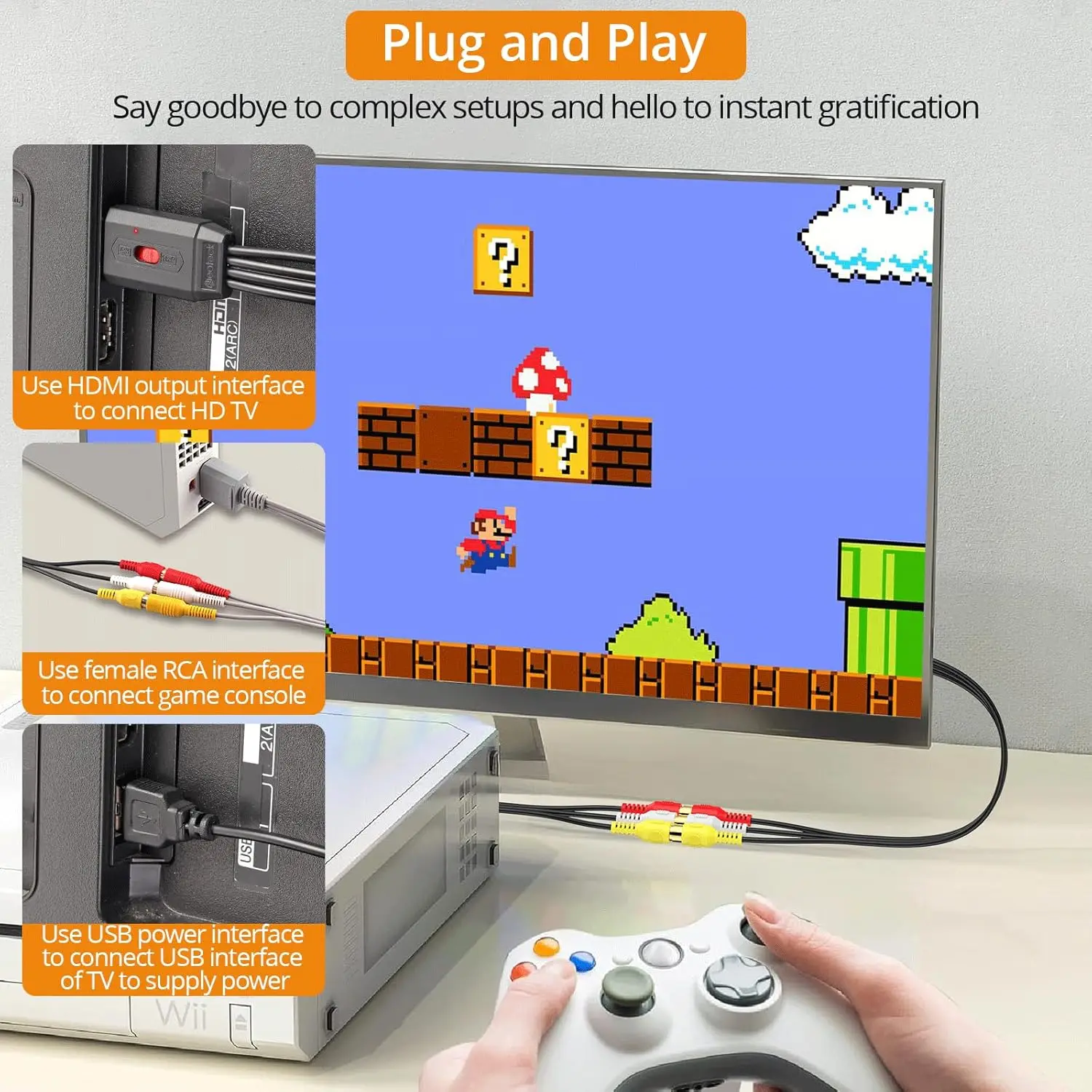 Neoteck RCA to HDMI Converter,60cm,Aspect Ratio Conversion,Built-in AV Cable,Compatible with Wii/PS2/N64,NTK233.