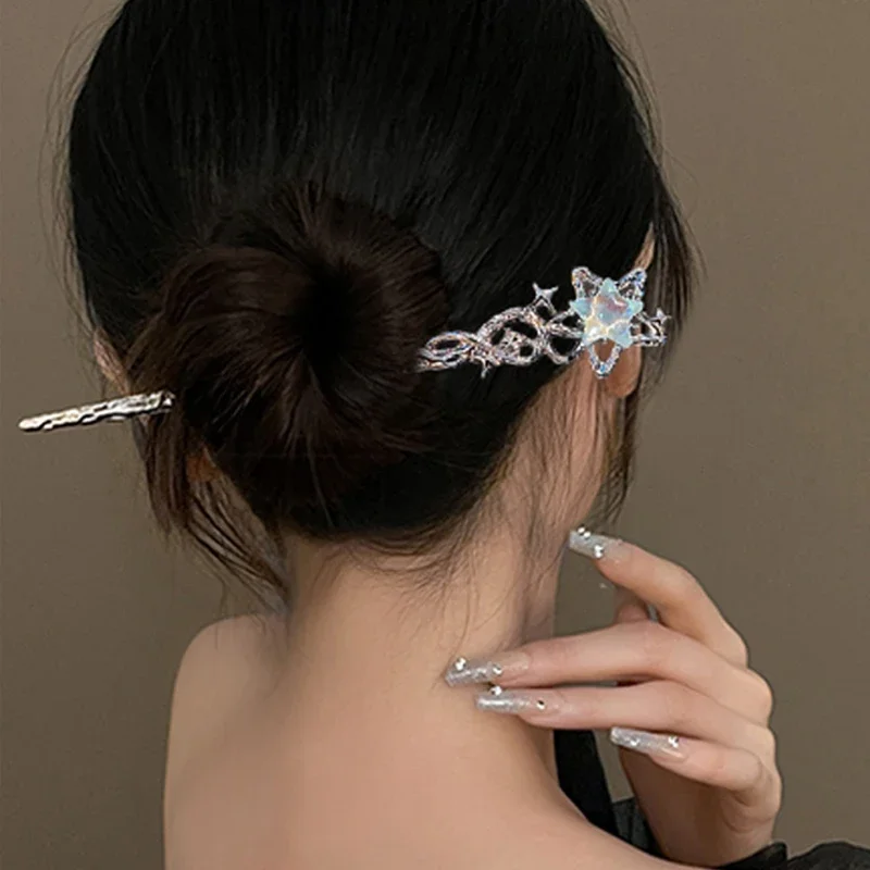 Romantic Moonstone Star Moon Hair Stick Metal Branch Hairpin HairFork Chinese Style Hair Accessories for Girls Hair Jewelry