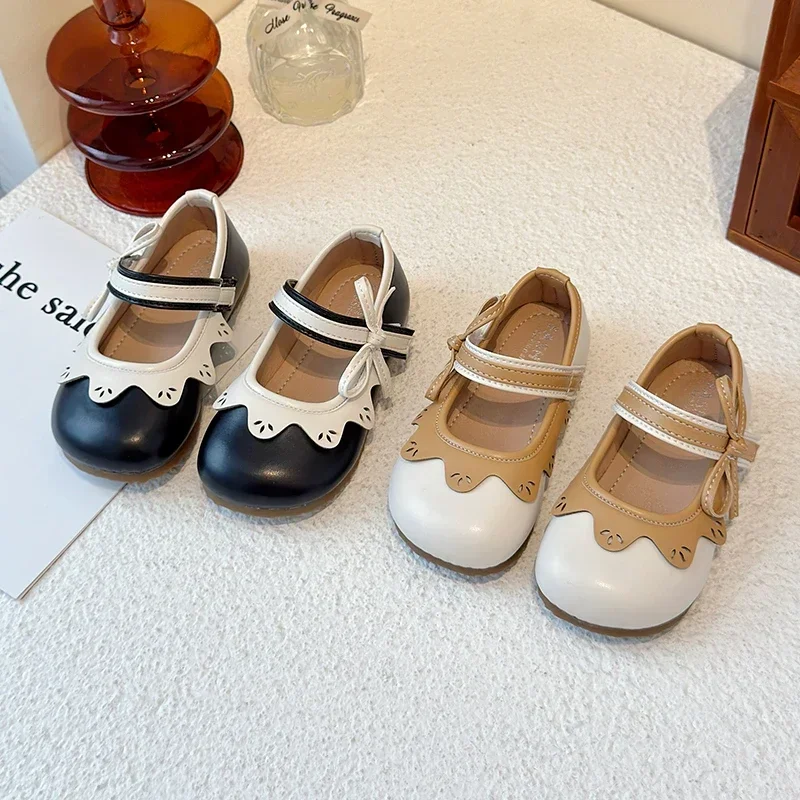 

Kids Princess Shoes Round Toes Non-slip Girls Leather Shoes Soft Sole 2025 New Children Flats Side Bows Sweet Cute